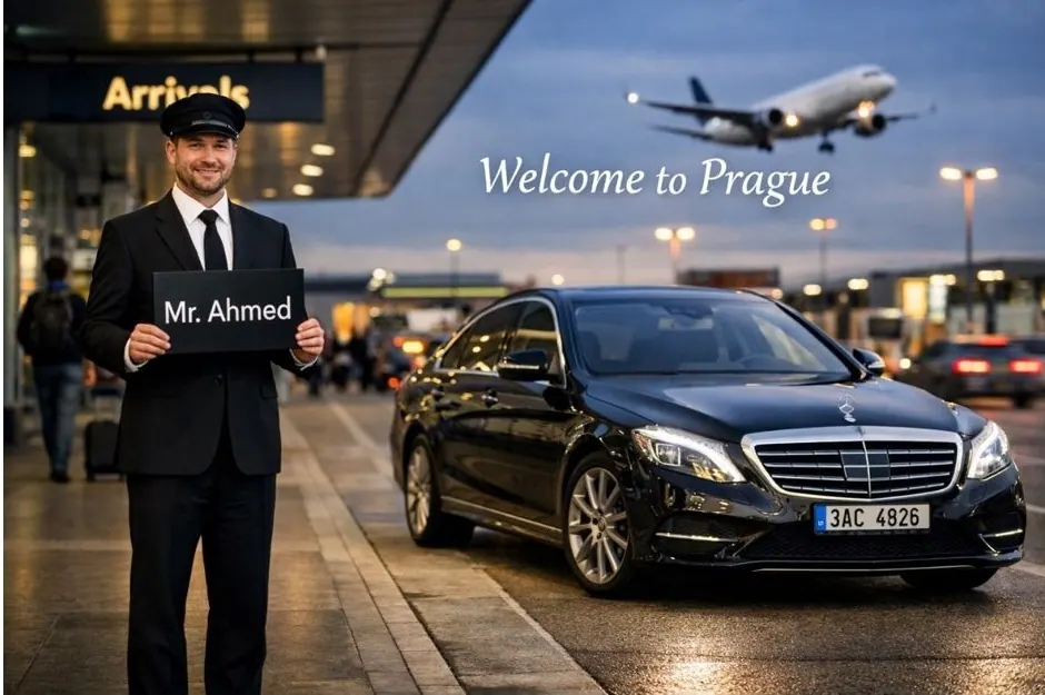 VIPCT driver meeting clients at Prague Airport arrivals hall